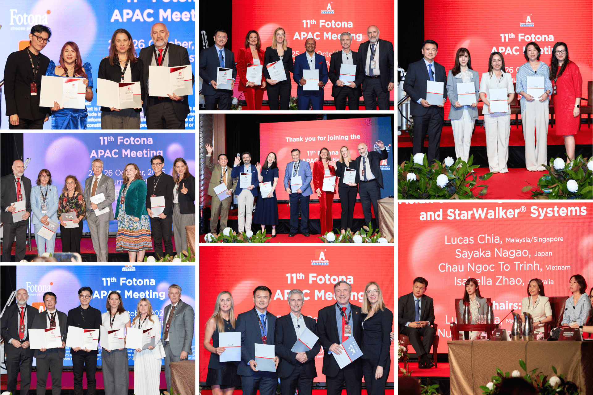 aesthetic&gynae speakers-min 11th Fotona APAC Meeting collage featuring award recipients, keynote speakers and conference panel sessions on stage