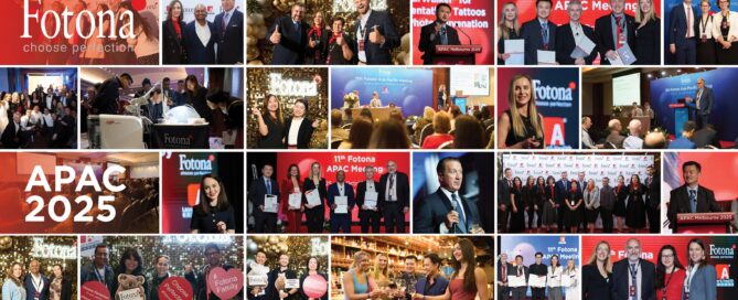 Fotona APAC 2025 event collage showcasing conference speakers, award ceremonies, networking sessions and branded backdrop moments