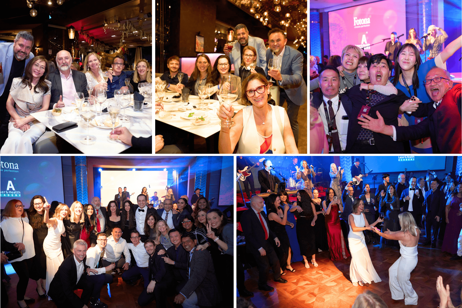 parties-min Fotona APAC gala dinner collage featuring networking, celebratory toasts and live music entertainment during conference event